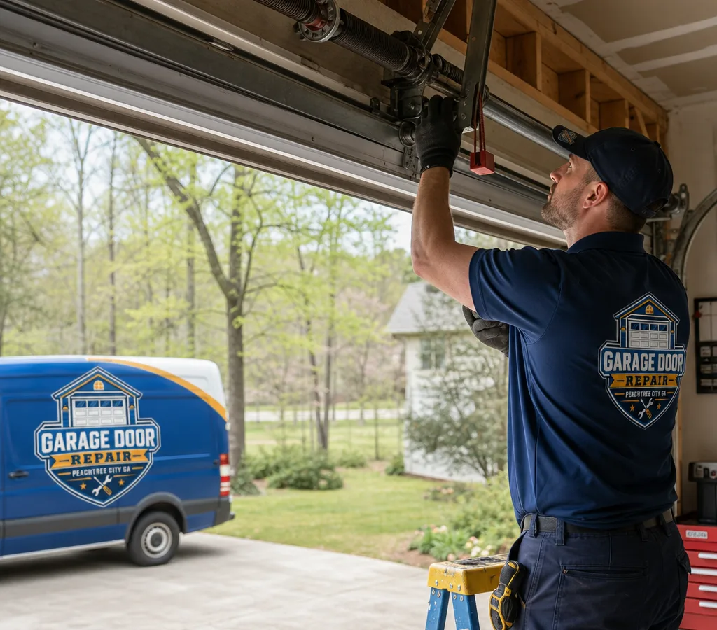 Local technician repairing a residential garage door track and inspecting its spring system in a Peachtree City driveway