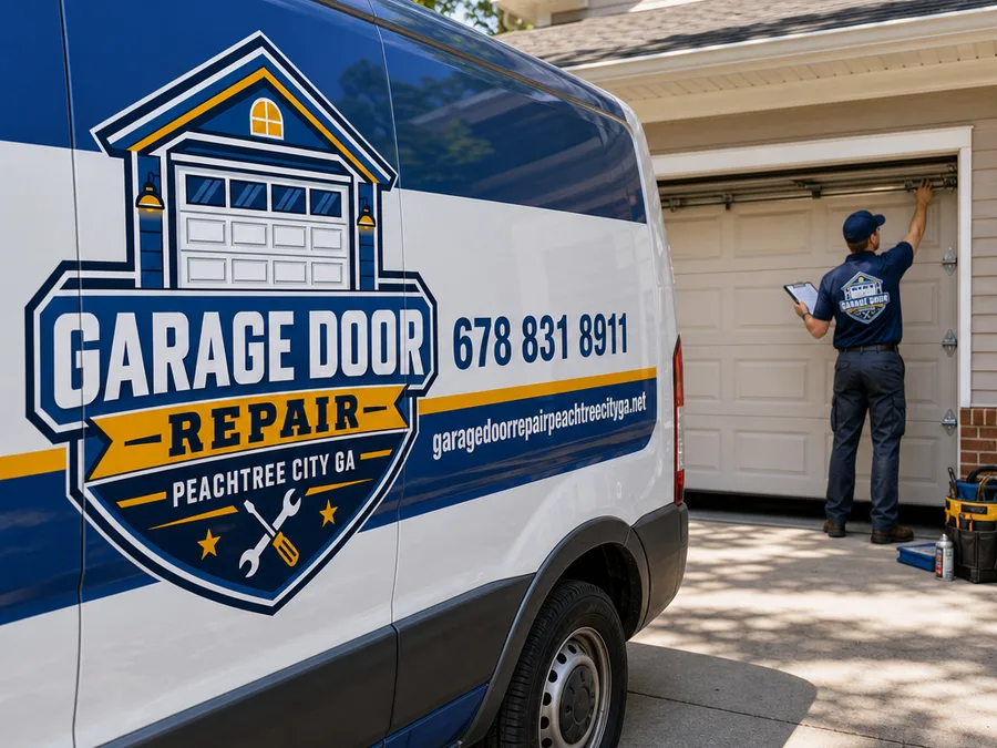 Technician checking garage door cable tension, rollers, and hinge points during a safety inspection