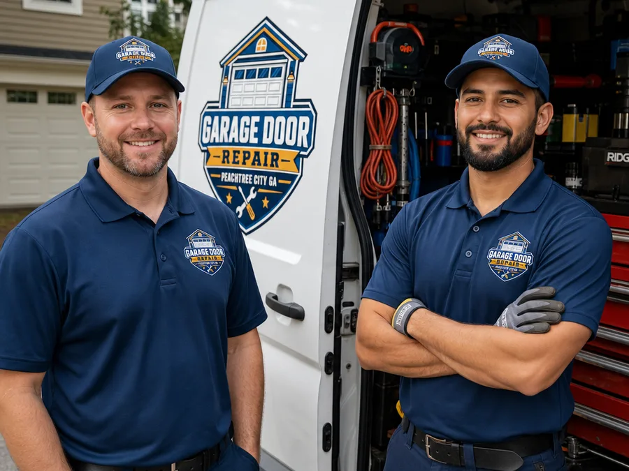 Two garage door technicians beside a service vehicle with organized tools, clean uniforms, and safety gear